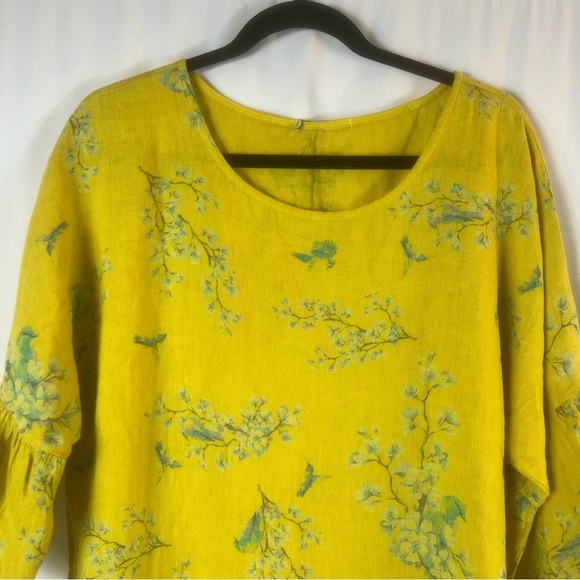Valentina Naldi Yellow Floral Italian Linen Bell Sleeve Blouse Top Size:L - Picture 3 of 10